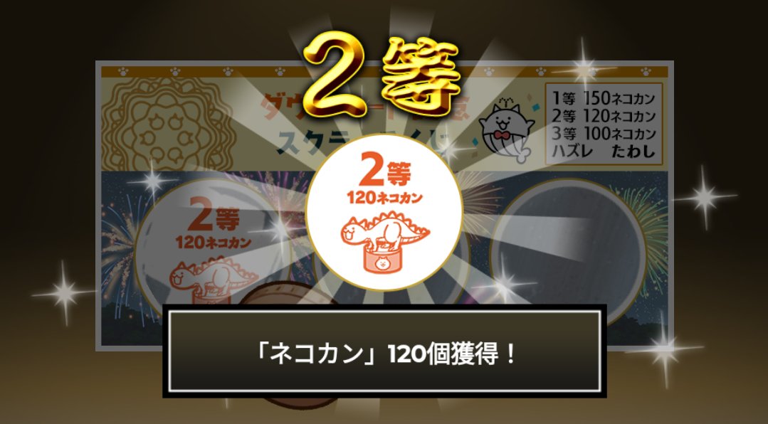 MikanTosaka's tweet photo. やったにゃ！　今回は2等だったにゃ！！　次回は1等を狙うにゃ～♪#にゃんこスクラッチくじ でネコカン120個ゲットしたにゃ！
期間中、最大3回チャレンジ可能！いっぱいネコカンを手に入れるにゃ～！

#にゃんこ大戦争 #にゃんこスクラッチ #1億2000万ダウンロード記念 https://t.co/G7eaZOz4rD