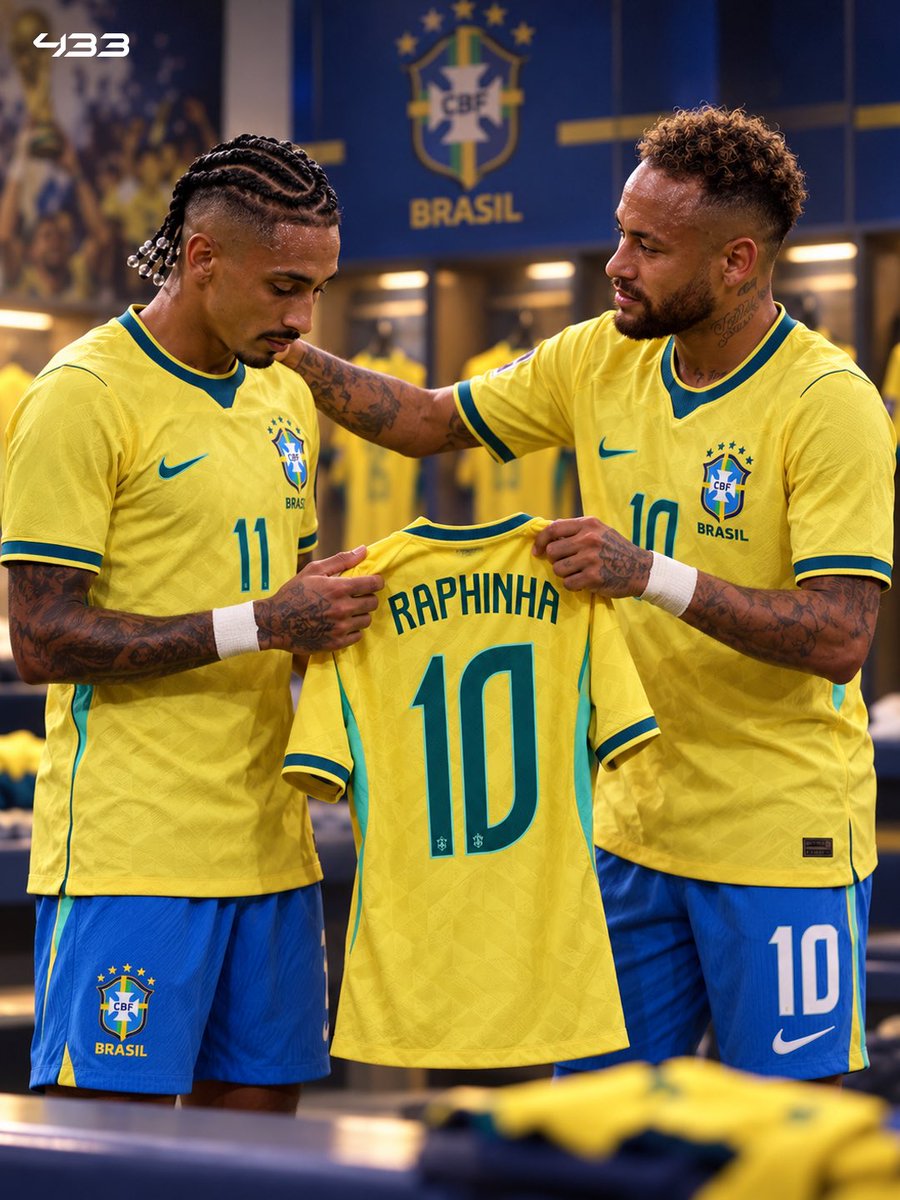 433's tweet photo. 🚨 𝐑𝐀𝐏𝐇𝐈𝐍𝐇𝐀 𝐈𝐒 𝐁𝐑𝐀𝐙𝐈𝐋'𝐒 𝐍𝐄𝐖 🔟

Raphinha will take over the legendary shirt number from Neymar, per ESPN Brazil. 🇧🇷 https://t.co/D1qs05UmBw