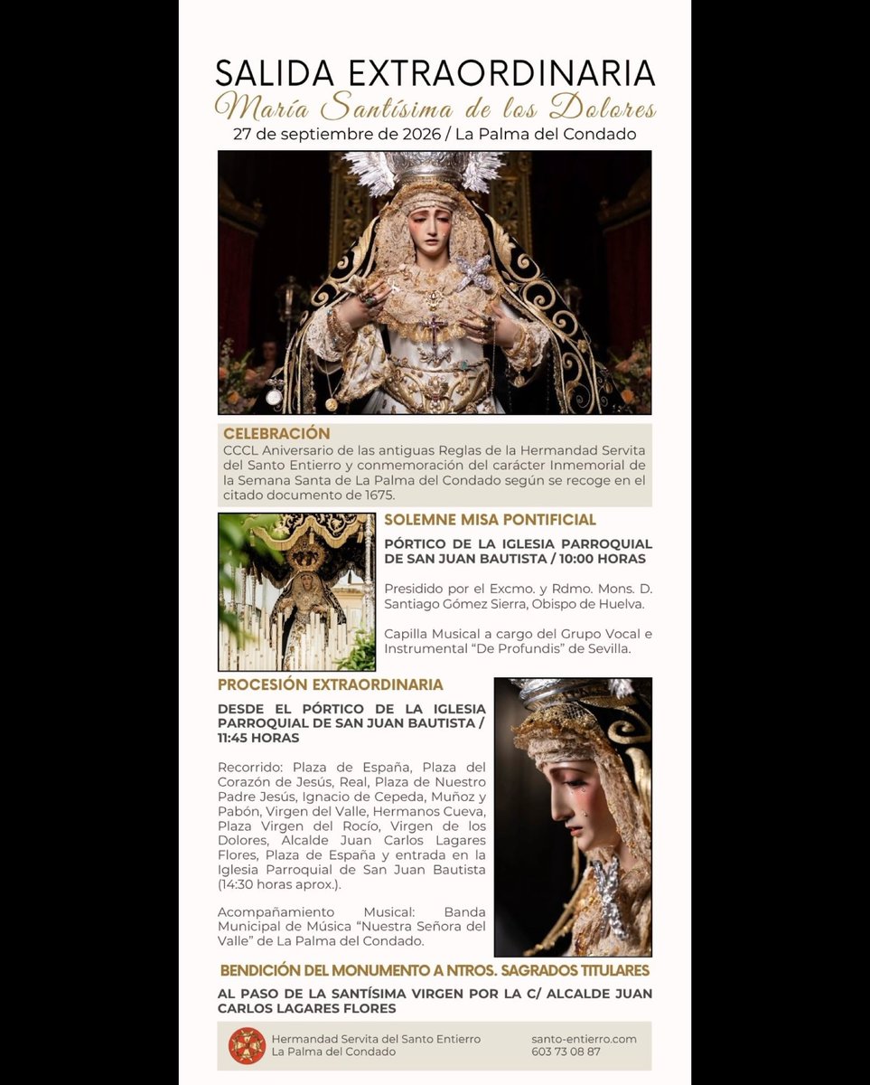 CofradesDirecto's tweet photo. LA PALMA DEL CONDADO : @SantoEntierroLP ✝️

La Palma del Condado conmemorará este domingo 27 de septiembre los 350 años de las Reglas del Santo Entierro con una salida extraordinaria de María Santísima de los Dolores .
 Le acompañará @bmlapalma .

#LaPalmaDelCondado https://t.co/86gTS9Vtwp