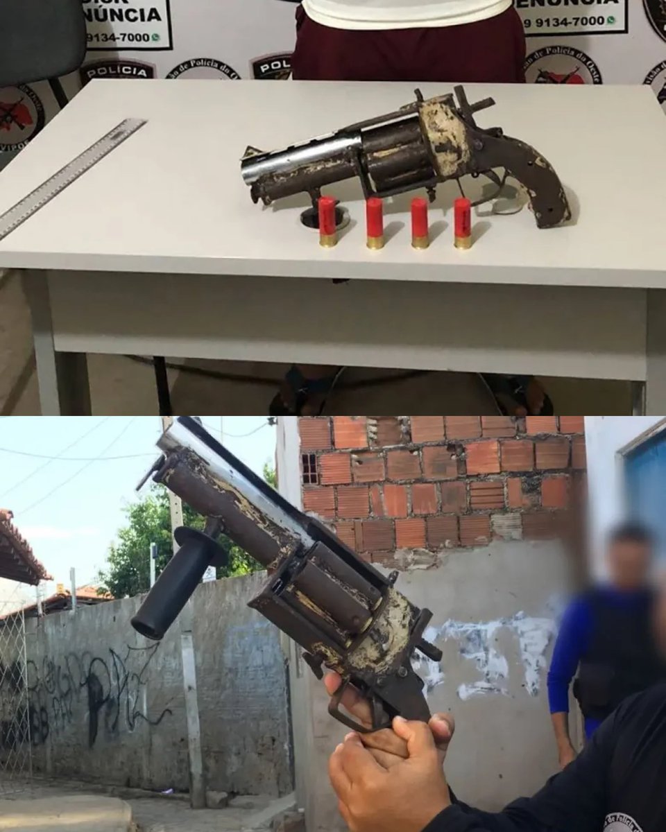 Complex's tweet photo. Brazilian police seized a homemade weapon known as the ‘trinta e doze’ 

A revolver shotgun built for .38 and 12 gauge rounds, the makeshift gun is assembled by clandestine gunsmiths and can be extremely unstable because of its construction &amp; recoil

[H/T: imjustculture] https://t.co/8q25S3tPIQ