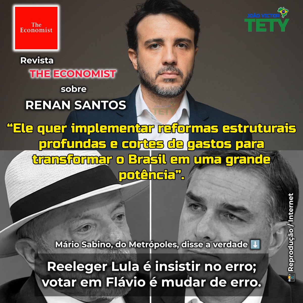Iamtety1's tweet photo. A importante revista britânica, The Economist, elogiou o Renan Santos.

Disse que o candidato é o único capaz de transformar o Brasil numa potência.

"O Brasil está virando as costas para o futuro”, referindo-se a Lula e Flávio Bolsonaro.

Vote Renan Santos 14!

#JoãoVictorTety https://t.co/2iQTg7Jvtf