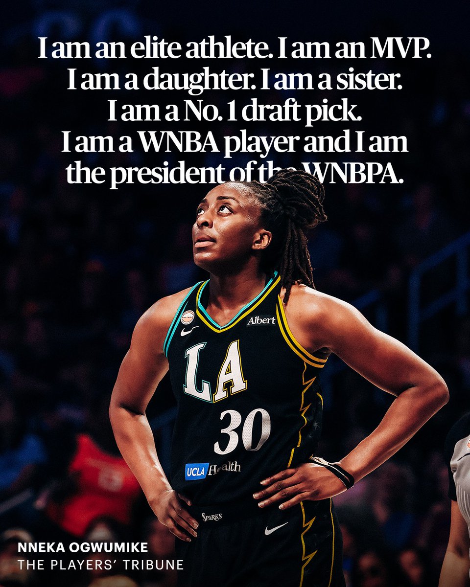 PlayersTribune's tweet photo. Tonight, @nnekaogwumike will play her final @WNBA game. Throughout her career, both on and off the court, she has been instrumental in changing the game for women’s basketball, including leading the charge in 2018 when @TheWNBPA opted out of their CBA. Her message was clear — bet on women: “This is not just about business. This is deeply personal. This is about the kind of world we want to live in.

I am an elite athlete. I am an MVP. I am a daughter. I am a sister. I am a No. 1 draft pick. I am a WNBA player and I am the president of the WNBPA.

And I want young female athletes to dream about playing in a vibrant and thriving WNBA. I want them to dream of having it all.

I don’t want the best and the brightest female athletes in the world dreaming about playing in the NBA. I don’t want the best and the brightest young girls growing up thinking that men are the pinnacle. I want those girls dreaming about growing up into the best women they can be.

And I want them to dream about the league that I know ours can become. A league that has a fair and consistent work environment. A league that treats its players as the world-class athletes they are. A league that invests in its future. A league that believes in us as much as we believe in it.

And it’s not just me who wants this. I’m one of 144 WNBA players....

To me, opting out means not just believing in ourselves, but going one step further: betting on ourselves. It means being a group of empowered women, in the year 2018, not just feeling fed up with the status quo, but going one step further: rejecting the status quo. And it means taking a stand, not just for the greatest women’s basketball players of today, but going one step further: taking a stand for the greatest women’s basketball players of tomorrow.

Does opting out mean that we have all of the answers right now, and that we’re about to propose a way to fix every problem in the W overnight? Of course not.

Does it mean we’re saying this league is broken, and we need to start the whole thing over from scratch? Not even close. We love this league. We’ll always love this league. The WNBA means everything to us....

It’s believing in what you know……. and then being alright with what you don’t know. And while we don’t know what the future has in store for this league — we do know that there’s never been a better time to be a part of it.

We believe in women, we believe in the WNBA, we believe in the WNBPA, and we believe that, wherever the finish line is for this movement that we’re a part of…… we’re just not there yet.

We’re opting out because women’s basketball’s potential is infinite.

We’re opting out because there’s still a lot more work to be done. And we’re betting on ourselves to do it.” https://t.co/Ur9u1hmQVj