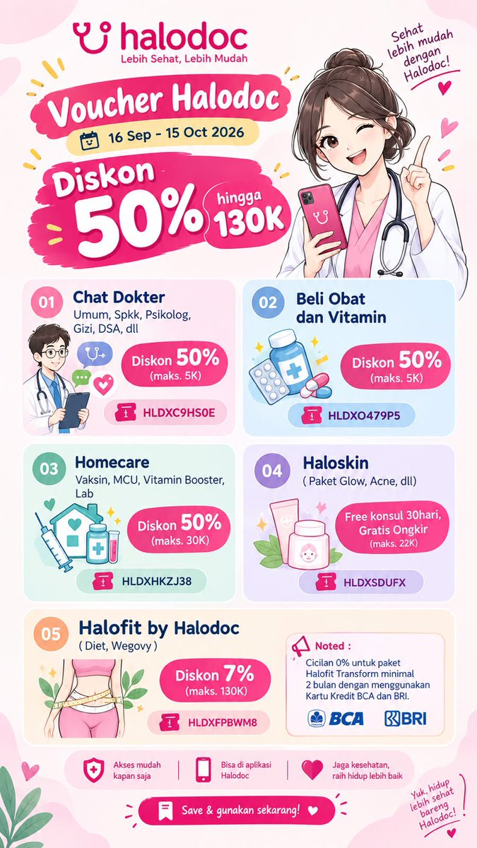 morovoucher's tweet photo. Voucher Halodoc Terbaru 🫶

🎟️ HLDXC9HS0E
chat dokter umum, spkk, psikolog, dll

🎟️ HLDXO479P5
beli obat &amp; vitamin

🎟️ HLDXHKZJ38
homecare Lab, Vitamin Booster, Vaksin

🎟️ HLDXSDUFX
haloskin (acne, glow)

🎟️ HLDXFPBWM8
halofit (diet, meal plan, wegovy)

#zonauang #zonajajan https://t.co/3g9fnETzdc