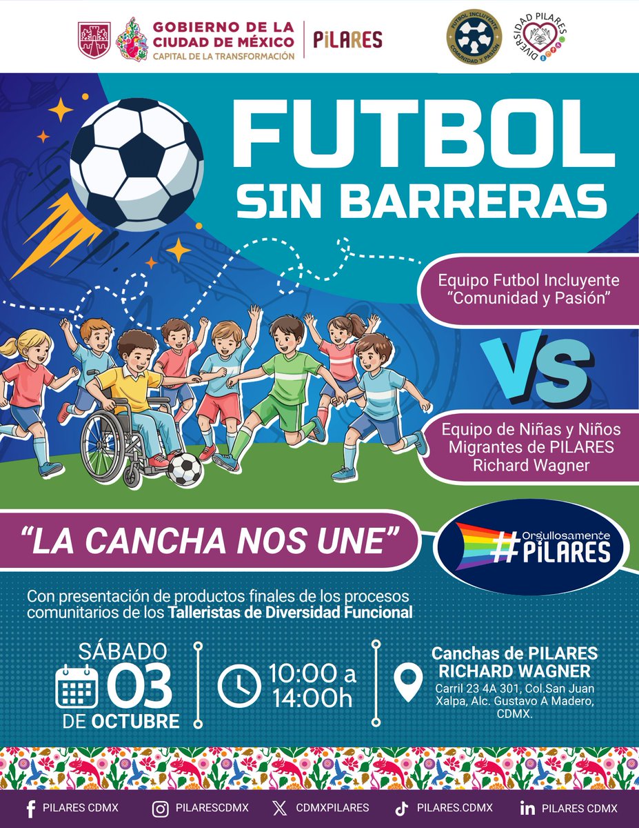 CdmxPilares's tweet photo. ⚽ ¡En #PILARES la cancha nos une!
Acompáñanos en un encuentro de Futbol Sin Barreras, donde el balón será el punto de partida para convivir, jugar y compartir en comunidad. 
¡Ven y apoya a tu equipo favorito!⚽
Equipo Futbol Incluyente “Comunidad y Pasión” 🆚 Equipo de Niñas y Niños Migrantes de #PILARES Richard Wagner
📅 Sábado 3 de octubre
 ⏰10:00 a 14:00 h
📍 Canchas de #PILARES Richard Wagner
¡Que se escuche la porra, ruede el balón y se viva la pasión por el futbol en #PILARES!⚽️🔥