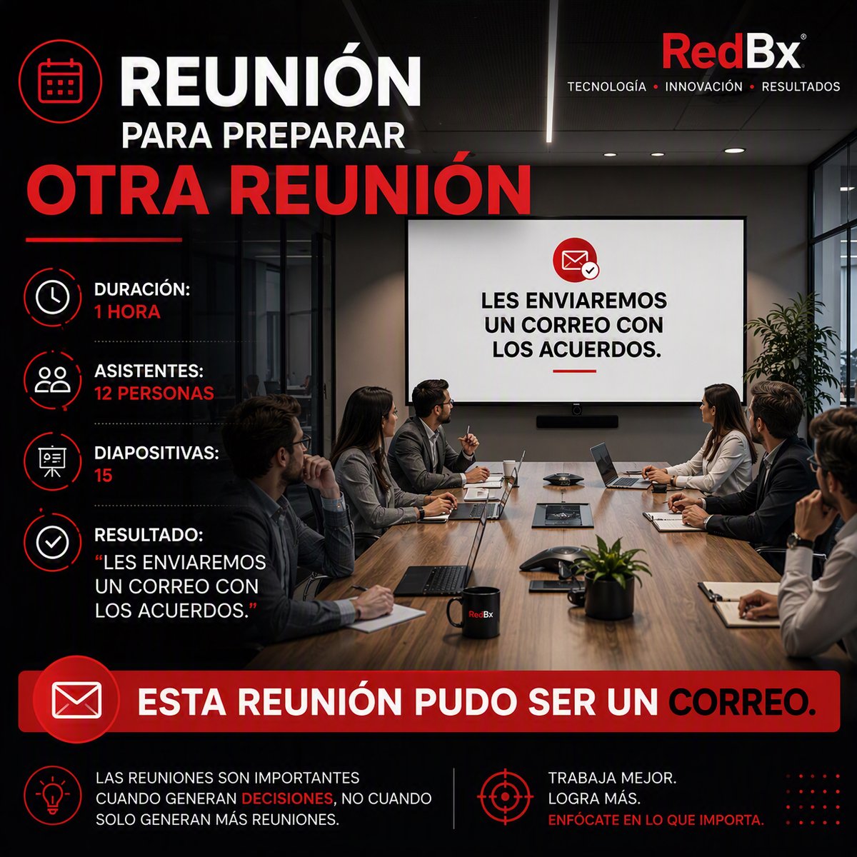 RedBxOficial's tweet photo. Reunión para preparar otra reunión.
👥 12 asistentes. ⏰ 1 hora.
✅ Resultado:
"Les enviaremos un correo con los acuerdos."
😂 Todos hemos estado ahí.
¿Cuántas reuniones de esta semana pudieron ser un correo?
#Productividad #EmpresasInteligentes #RedBx https://t.co/Fa5ZvHWiLC