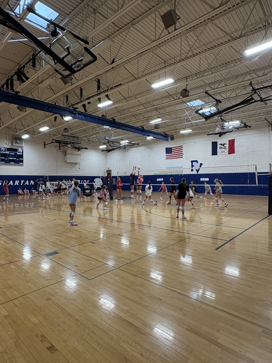 PVVolleyball's tweet photo. Another great day in the gym! Our Varsity girls traded in their jerseys for the coach’s hat, working with our PV Junior High players! It has been a special week of watching our girls sharing their love of the game and encouraging others!
🤩💕🏐#FutureIsBright #ALLINtogoALLOUT https://t.co/1oSTEniVYo