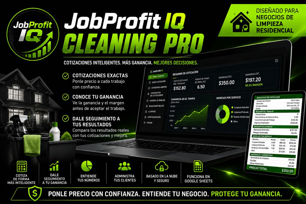 JobProfitIQ's tweet photo. Cleaning Pro ahora está disponible en español.

Cotiza trabajos de limpieza usando tus costos reales de mano de obra, suministros, traslado y gastos generales.

$19.99. Compra única. Sin suscripción.

Cleaning Pro Español:
https://t.co/lFCRTaWvBg https://t.co/yU9m8KRYn9