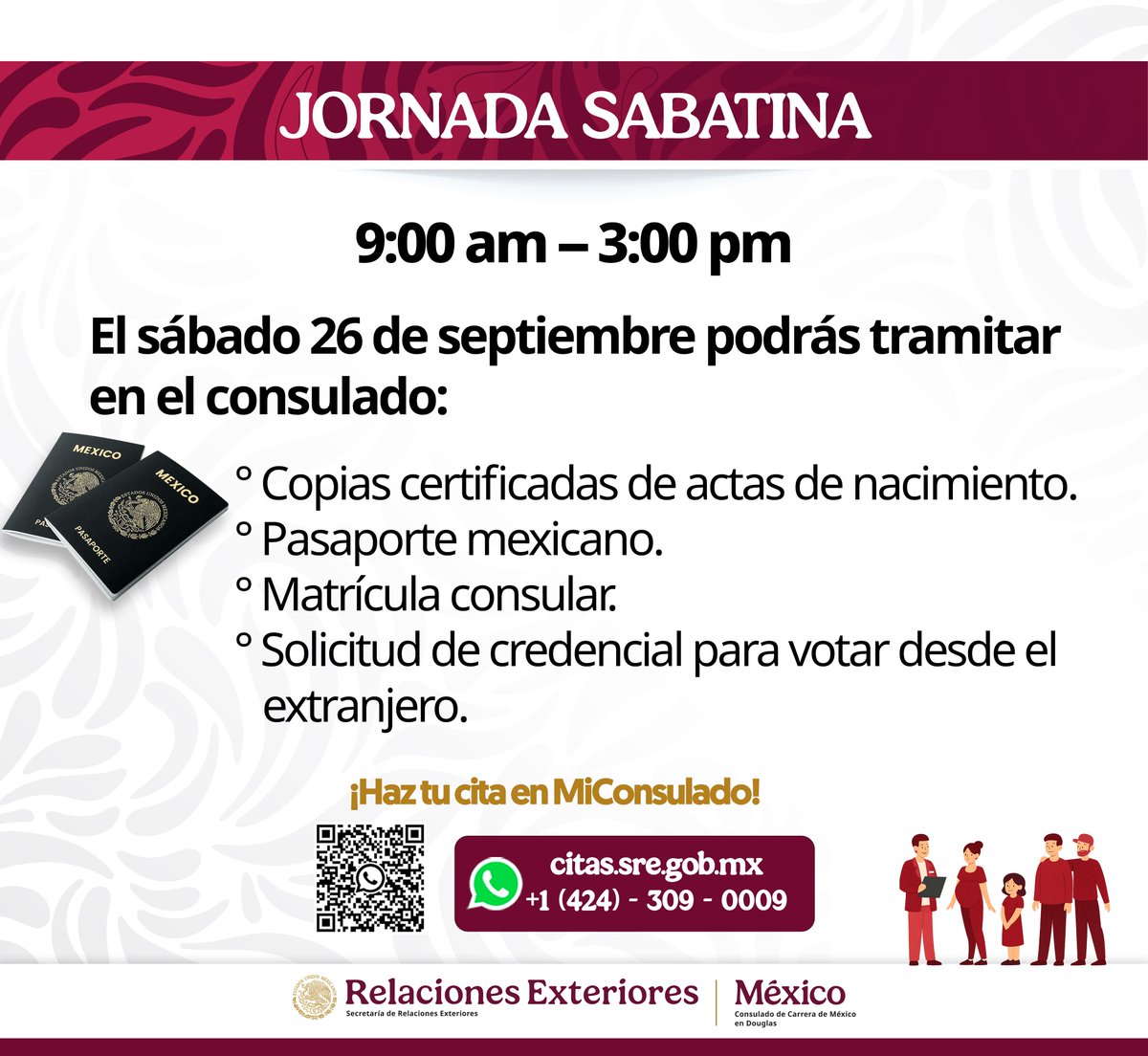 ConsulMexDou's tweet photo. 🛂 Te recordamos que este sábado 8 de agosto te esperamos en nuestra Jornada Sabatina, de 9:00 a.m. a 3:00 p.m. https://t.co/GsyyxI3Bvs