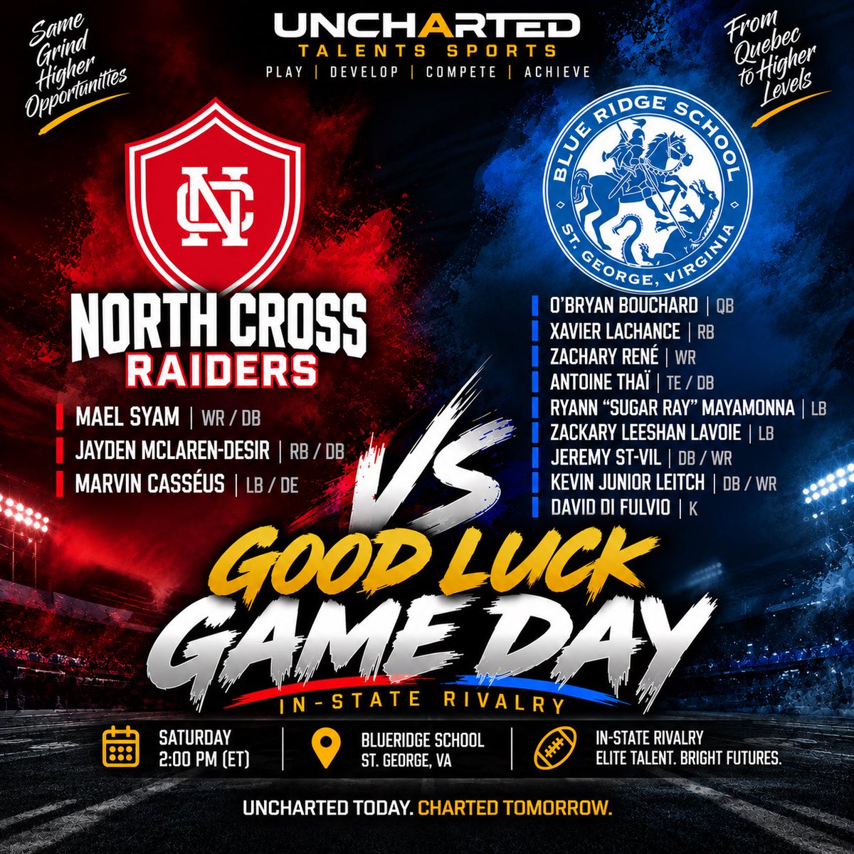 CoachECWagnac's tweet photo. 🇨🇦🏈 QUEBEC TALENT ON DISPLAY!

Two big Virginia/NC rivalry games featuring Quebec athletes across 4 programs:

🔴 @NCSRaidersFTBL 🆚 @BaronsFB 🔵
📍 St. George, VA

🟢 @greeniesports 🆚 @avlschoolsports 🔵
📍 Arden, NC | 2 PM

Good luck to all the Quebec boys competing south of the border! Go make some noise. 📈🔥

UNCHARTED TODAY. CHARTED TOMORROW.

#QuebecFootball #CanadianFootball #PrepFootball #UnchartedTalentsSports