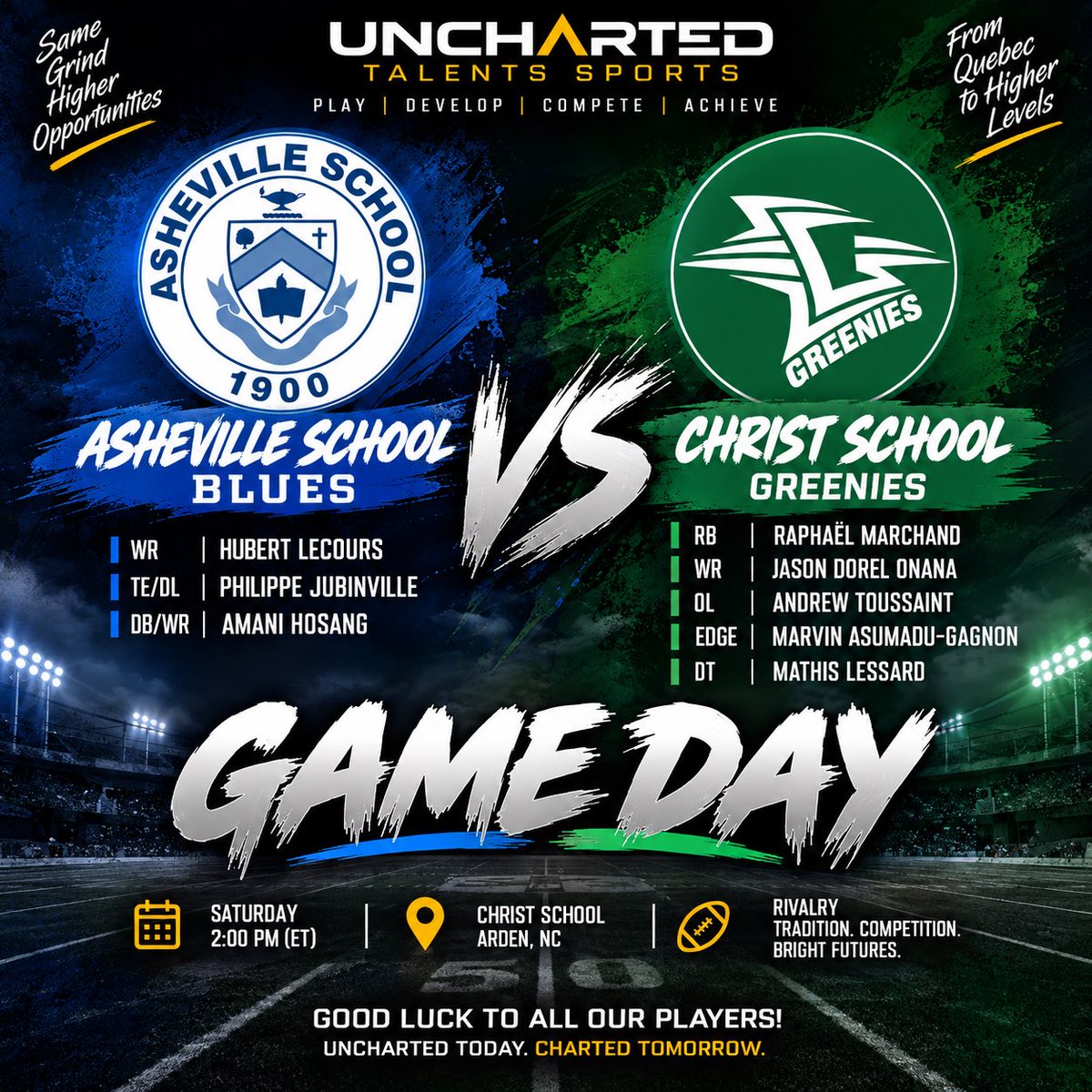 CoachECWagnac's tweet photo. 🇨🇦🏈 QUEBEC TALENT ON DISPLAY!

Two big Virginia/NC rivalry games featuring Quebec athletes across 4 programs:

🔴 @NCSRaidersFTBL 🆚 @BaronsFB 🔵
📍 St. George, VA

🟢 @greeniesports 🆚 @avlschoolsports 🔵
📍 Arden, NC | 2 PM

Good luck to all the Quebec boys competing south of the border! Go make some noise. 📈🔥

UNCHARTED TODAY. CHARTED TOMORROW.

#QuebecFootball #CanadianFootball #PrepFootball #UnchartedTalentsSports