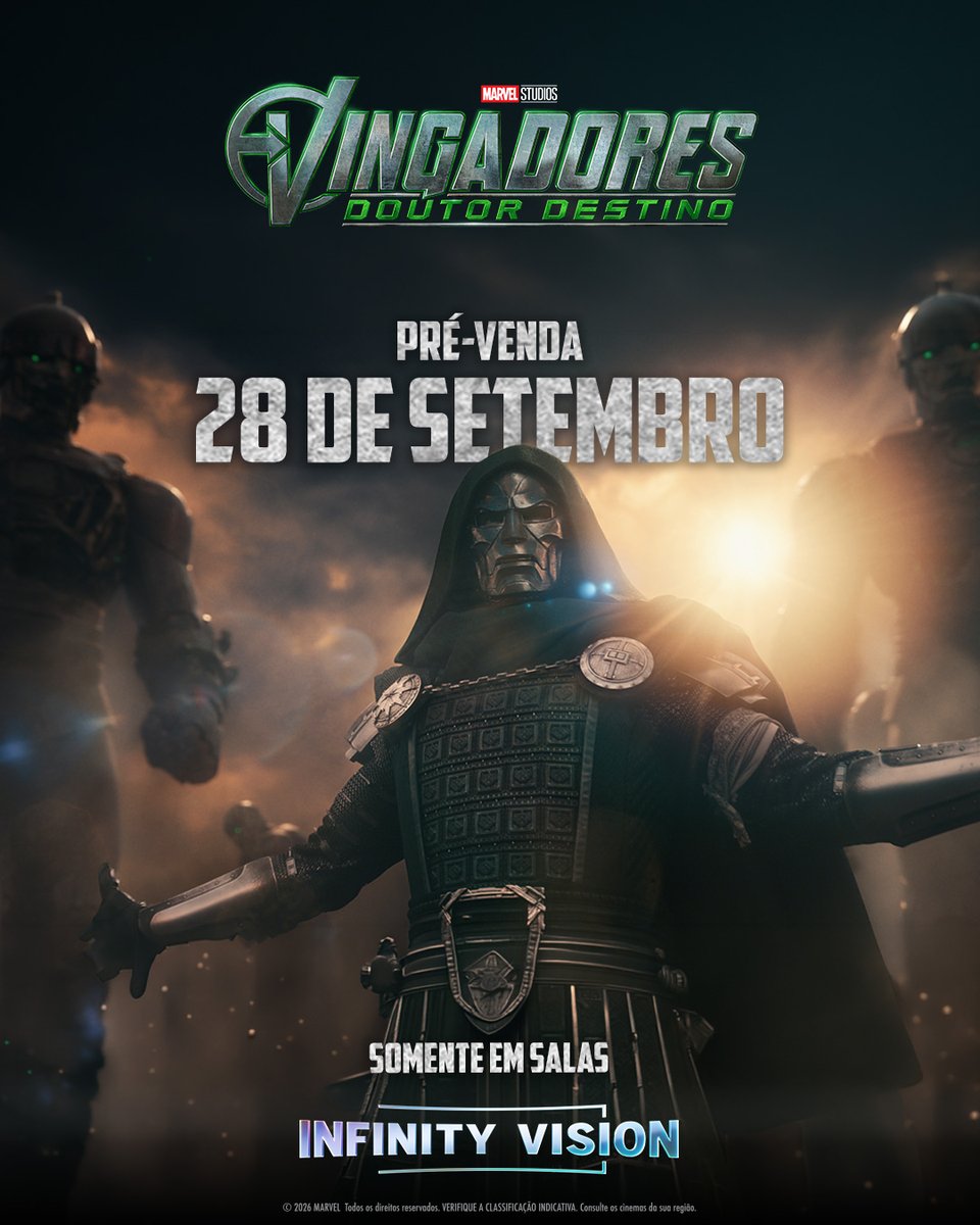 MarvelBR's tweet photo. Chegou a hora!

A pré-venda exclusiva para assistir #Vingadores: Doutor Destino em Infinity Vision começa em 28 de setembro. Não fique de fora e assista ao filme do ano com a melhor qualidade. https://t.co/Hj6Or7aF5z