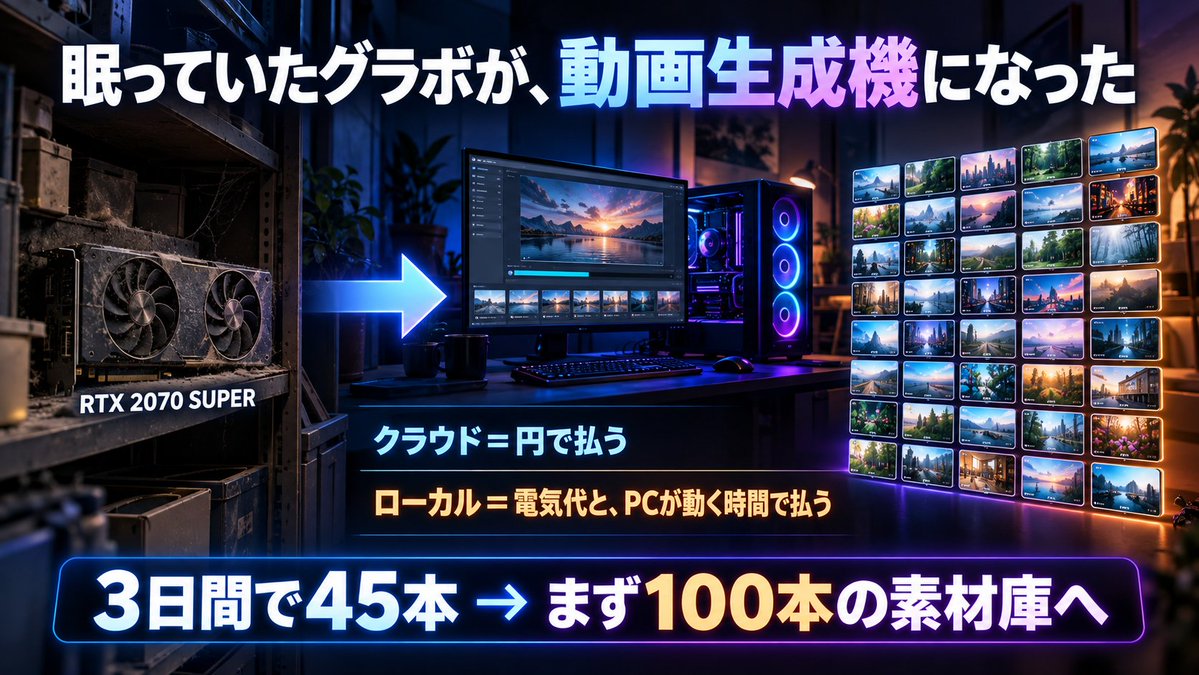 jura_log's tweet photo. 7年前に買ったRTX 2070 SUPERで、ローカルの動画生成を火曜日から3日間回しました。

できたのは、YouTube用のBロール素材が45本。
1本5秒の動画に、生成は1時間くらいかかります。

クラウドなら1本数円で、もっと速い。
それでもローカルでやる意味があるとしたら、払うものが違うからです。

クラウドは円で払う。
ローカルは、電気代と、PCが勝手に動いている時間で払う。

ぼくが寝ていても止まらないので、その1時間は数えなくていい。

Bロールに厳密さはいらない。
たくさん作って、いいものを選ぶ。
まず100本の素材庫を作るつもりです。

導入はSSHでMacからWindowsに入って、環境はAIに組んでもらいました。
RTX 4000番台以上が要ると思っていた処理が、2000番台で動いたのは正直大きかった。

ゲームをしなくなって倉庫行きだった装備が、別のクエストで毎日稼働している。

あなたの手元にも、眠っている装備はありますか。
