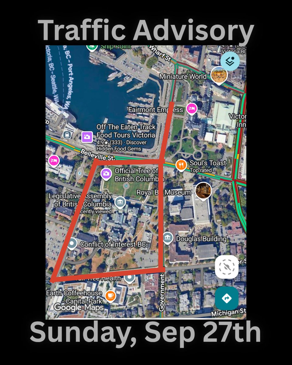 BCLEMemorial's tweet photo. ⛔️Be advised there'll be rolling road closures before, during, & after the #BCLEM Ceremony on Sunday.
#yyjtraffic impact: 700blk Government, Inner Harbour, & BC Legislature.
Up-to-date details: @vicpdcanada
For everyone’s safety, pls follow directions of traffic members.
Thanks! https://t.co/uwspuOwxtI