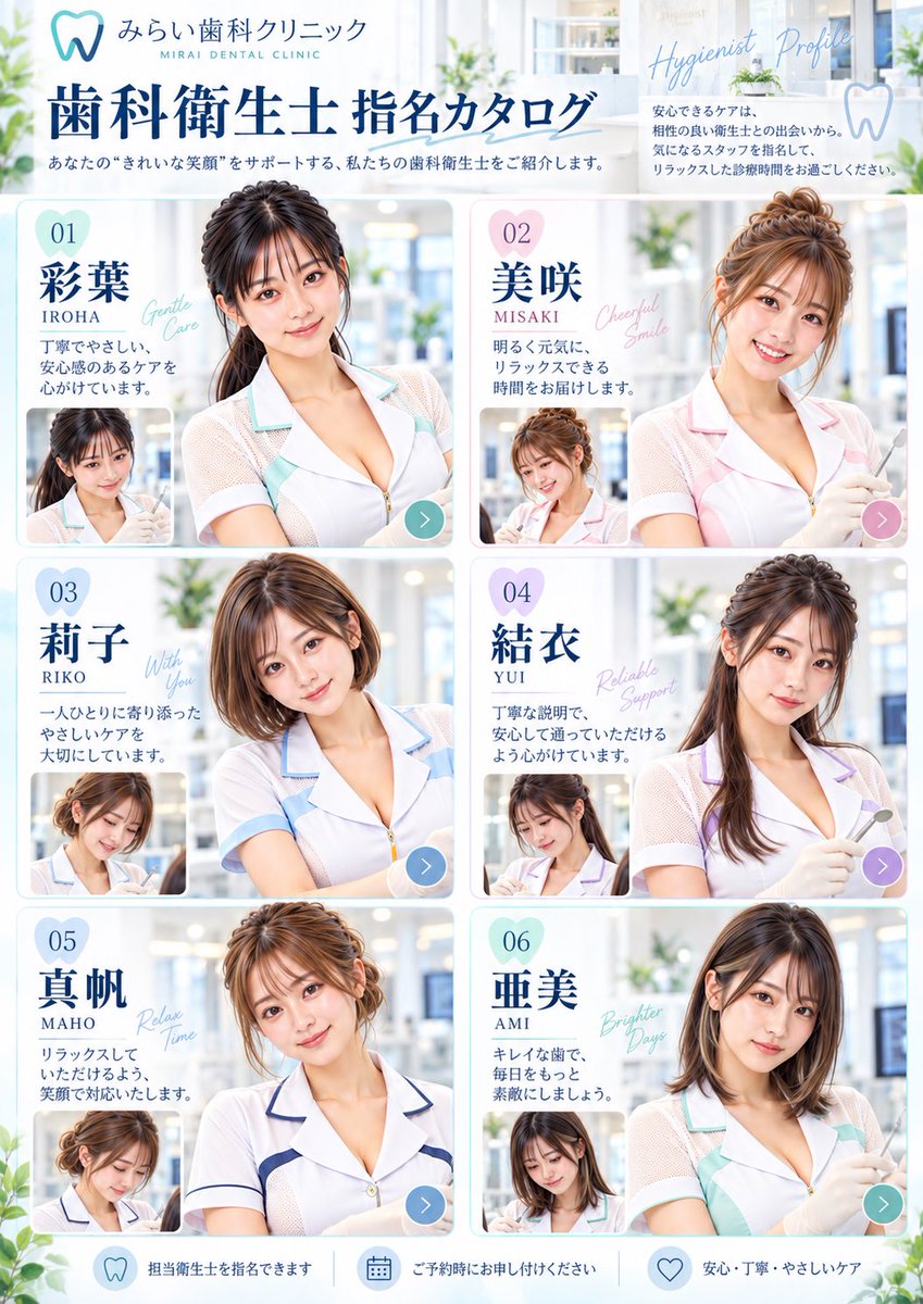 aaAia2026's tweet photo. 今日の担当、誰にしますか？🦷

01〜06まで、気になる子を指名してください♡
私は……ちゃんと見つけてもらえるかな？

番号だけでも教えてね。 https://t.co/dUGcgm7FMp