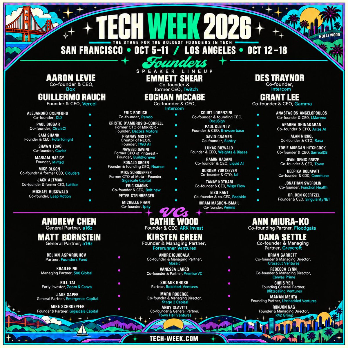 Techweek_'s tweet photo. Some of the biggest names in tech are going to be at Tech Week SF and LA. Grab your seat before it's gone. Calendar is live now!