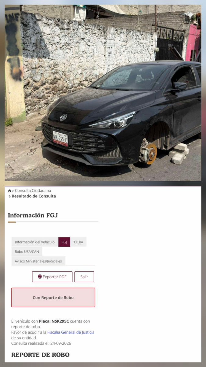 cuartodemillamx's tweet photo. Qué tal Ricardo buena tarde .

Espero te encuentres bien .

Hay una unidad MG 3 color negro con placas del EdoMex NSK-295-C que amaneció el día miércoles 15 de septiembre y a los días lo dejaron en tabiques, por placa en repuve tiene estatus de robo. Han pasado unidades de la SSC pero hacen como que no lo ven 🤷‍♂️.

Está sobre calle Adolfo López Mateos, campestre potrero, Iztapalapa.

Espero puedas compartir la información por favor.