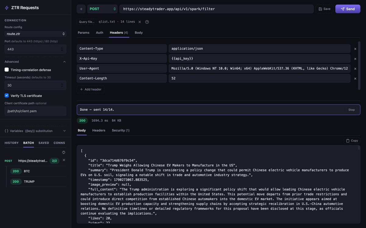 ztrelayp's tweet photo. Send real HTTP requests straight through your own encrypted relay tunnel.

ZTR Requests — the request composer built into ZTRclient. See the exact hop path it took, the TLS cert, every header and cookie. Named environments, full history, saved requests, batch runs with real conditional logic.