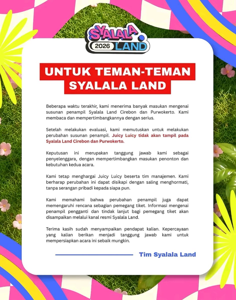 alayy's tweet photo. keren banget Syalala Land ngecancel Juicy Luicy, udah saatnya warga melek yang namanya cancel culture buat artis/influencer problematik apalagi ada jejak pelaku KS nya ntah apa yang masih di idola"in ke band jelek ini https://t.co/U29eQsWi6G