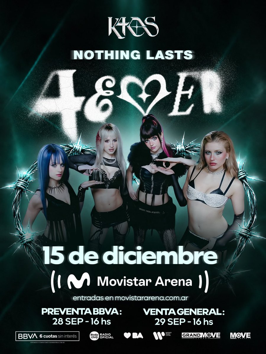 moveconcertsarg's tweet photo. K4OS EN EL MOVISTAR ARENAAA⚡️🖤⛓️ Después de 15 Gran Rex SOLD OUT y una gira por todo el país, @K4OS_oficial presenta por primera vez "NOTHING LASTS 4EVER"

🗓️ 15 de diciembre
🏟️ Movistar Arena

💳 Preventa exclusiva BBVA el lunes 28 de septiembre a las 16 hs. Disfrutá de 6 cuotas sin interés con tu tarjeta de crédito @bbva_argentina

💳 Venta general con todos los medios de pago a partir del martes 29 de septiembre a las 16 hs.

🔗 https://t.co/C8YQ9m2ZiD
