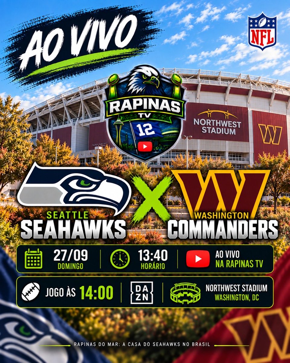 rapinasdomar's tweet photo. Domingo tem Seahawks vs. Commanders e você acompanha cada lance com a nossa transmissão! 🏈

Pré jogo: 13h40
Jogo: 14h

Link: https://t.co/QHcpkbMmsb https://t.co/w9ndc08mYS