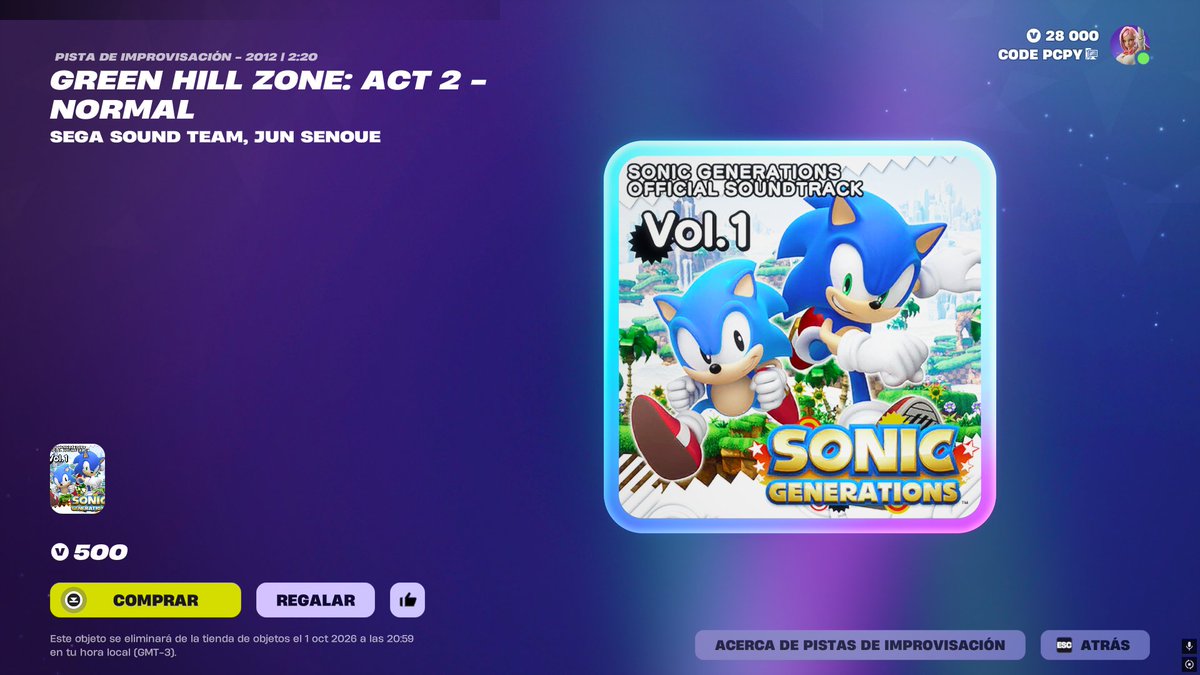 codepcpy's tweet photo. ¡NUEVA CANCIÓN DE SONIC YA DISPONIBLE EN LA TIENDA DE FORTNITE!

- GREEN HILL ZONE: ACT 2 – NORMAL | SEGA SOUND TEAM, JUN SENOUE
📆 Se va el 1 de octubre en América (2 en Europa).

Si te gusta mi contenido, no olvides apoyarme utilizando mi código de creador “PCPY”, muchas gracias ♥️ #EpicPartner

#Fortnite
