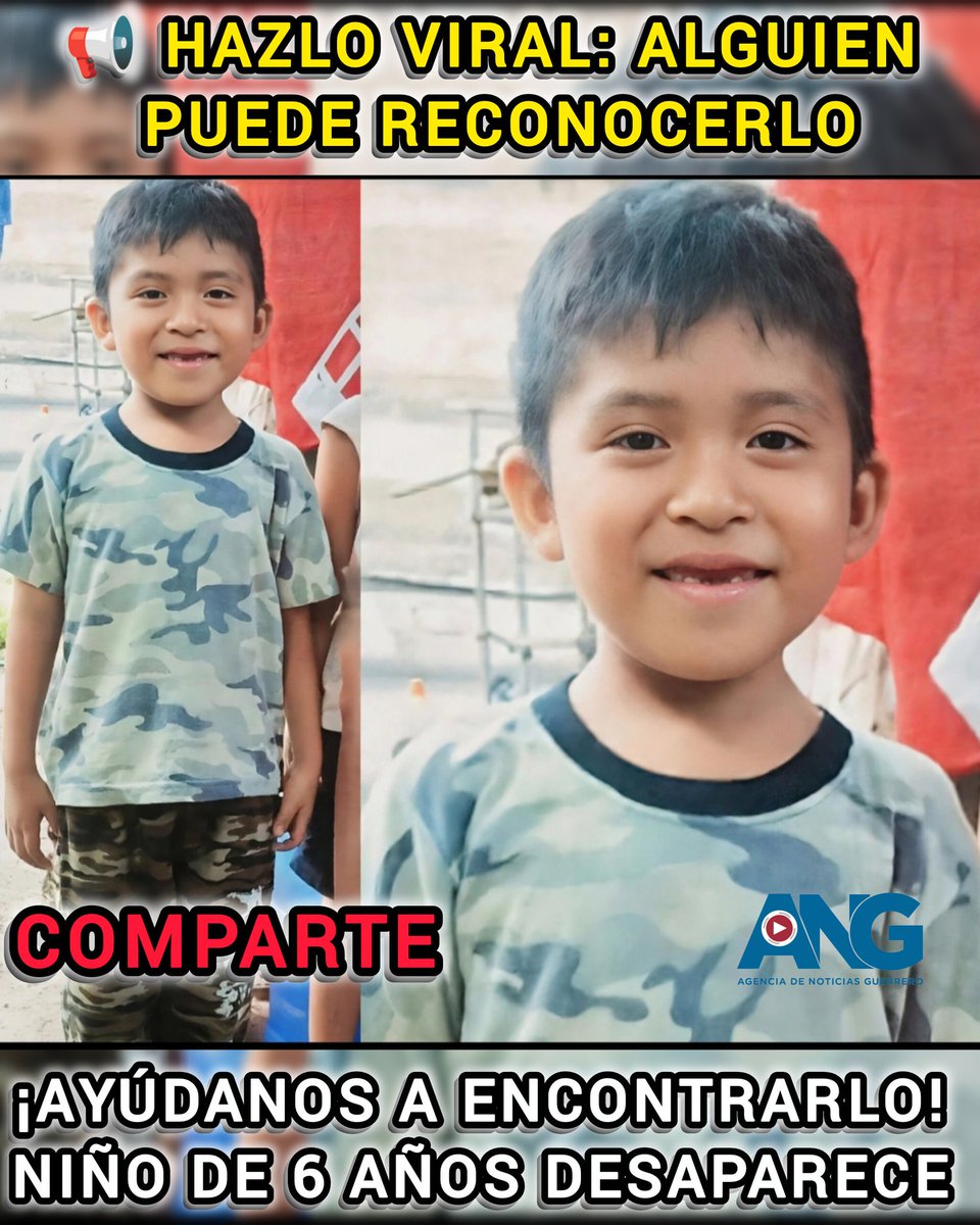 ANoticiasGro's tweet photo. 🚨📢 Hazlo viral: alguien puede reconocerlo🚨

¡AYÚDANOS A ENCONTRARLO! 🙏🏻NIÑO DE 6 AÑOS DESAPARECE 
https://t.co/V227Vgv2EX https://t.co/a8N4WpTvpl