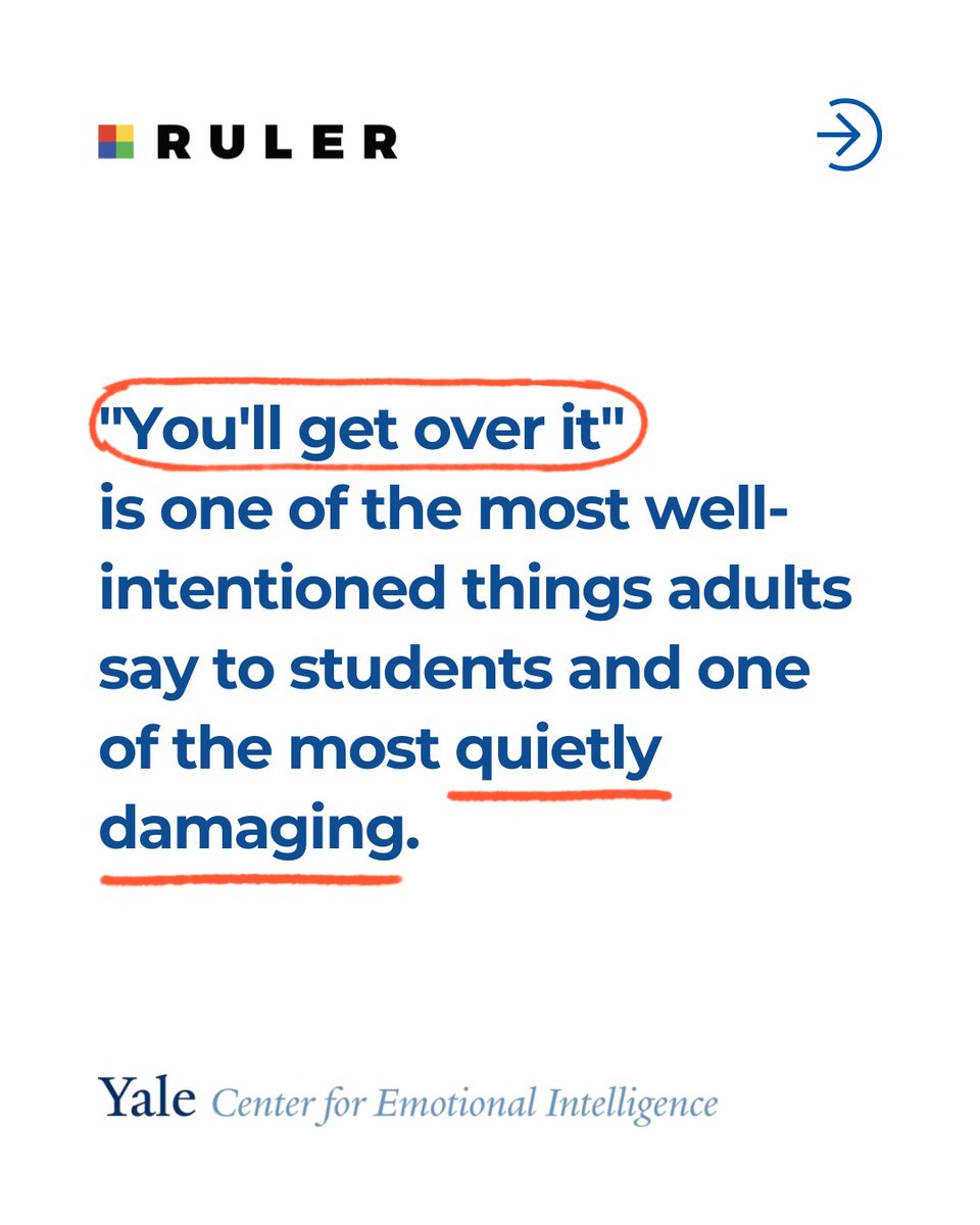 YaleEmotion's tweet photo. “You’ll get over it” can sound like reassurance to an adult and dismissal to a student.
Temporal distancing can help, but it works differently when students generate that perspective themselves instead of having it imposed on them.
Sometimes the difference is a question, not an answer.
@drmarcbrackett and Ethan Kross on Dealing With Feelings. From the vault.
🔗 https://t.co/gJHESauFJ4
#dealingwithfeeling #temporaldistancing