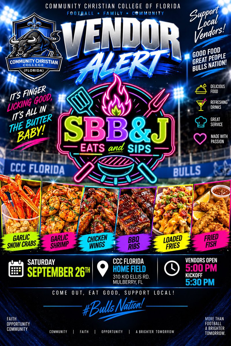 OfficialCCCFL's tweet photo. Bulls Nation, come hungry and thirsty! This Saturday we’re excited to welcome Squeeze Queen Lemonade 👑🍋 and SBB&J Eats & Sips 🍤🍗🔥 to CCC Florida!

From fresh, refreshing drinks to seafood, wings, ribs, loaded fries and more, we’ve got you covered before kickoff!

📅 Saturday, September 26
📍 310 Kid Ellis Rd., Mulberry, FL
🛍️ Vendors Open: 5:00 PM
🏈 Kickoff: 5:30 PM

Come early, grab some food and drinks, support local businesses, and then stay for some CCC Florida football! 💙🖤🤍

#BullsNation #CCCFlorida #VendorAlert #SupportLocal #GameDay #SqueezeQueen