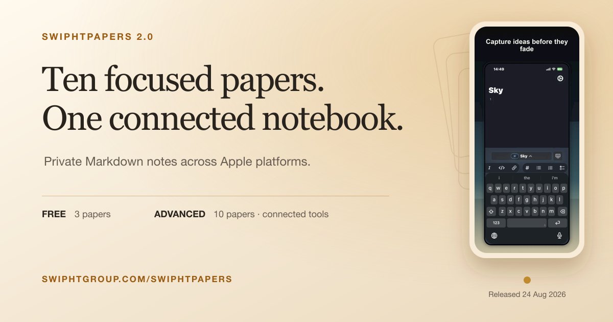 SwiphtGroup's tweet photo. Most note apps chase infinite folders. SwiphtPapers keeps ten focused papers — one private Markdown notebook across Apple.

Free to start. Advanced opens all ten: $3.99/mo or $6.99/yr
https://t.co/nsDx5iJlB4 https://t.co/Wqupucct26