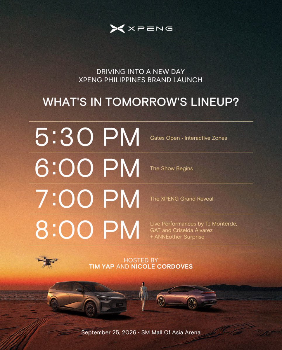 SuperACStan's tweet photo. Who's ready for tonight? Ready for ANNEOTHER surprise? ✨👀 

Catch the big reveal at the XPENG Philippines Brand Launch happening today, September 25, 2026, at 6:00 PM at the SM Mall of Asia Arena! 🚗💨 

#XPENGPH 
#ANNEOTHERSURPRISE 
#AnneCurtis https://t.co/SGCWDjkK1R