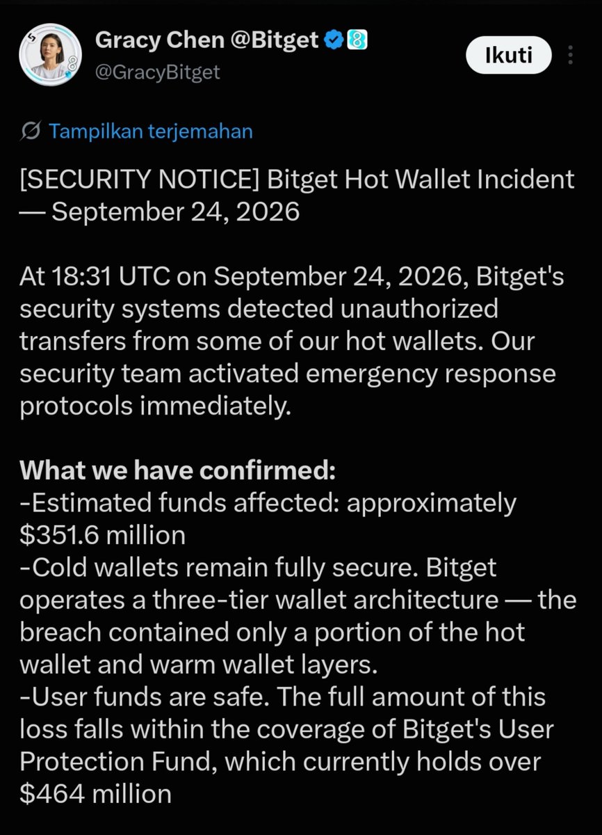 ZackMe5p's tweet photo. Breaking news: Bitget Wallet was recently affected by a hack, raising concerns among users regarding their funds.

However, there is no need to worry; the CEO of @bitget @GracyBitget has clarified the situation and guaranteed the security of user funds.

Actions we have taken:
-Emergency response team activated within minutes of detection
-Abnormal transfer addresses identified, flagged, and reported
-Withdrawals temporarily suspended as a precautionary measure, pending security review
-Law enforcement and on-chain security firms have been formally notified and are engaged

What this means for you:
-Your account balances are accurate and your assets are protected
-Deposits and trading remain fully operational
Withdrawals are temporarily paused and will be restored as soon as the security review is complete
-What comes next: We will provide updates on an hourly basis across this channel and all official platforms. A full incident report — including root cause analysis and corrective actions — will be published within 24 hours. We will not speculate on the attack vector until the investigation is complete.