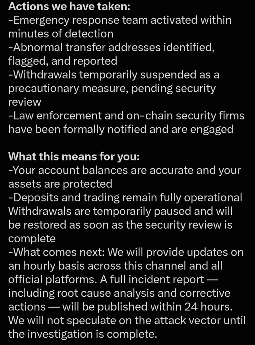 ZackMe5p's tweet photo. Breaking news: Bitget Wallet was recently affected by a hack, raising concerns among users regarding their funds.

However, there is no need to worry; the CEO of @bitget @GracyBitget has clarified the situation and guaranteed the security of user funds.

Actions we have taken:
-Emergency response team activated within minutes of detection
-Abnormal transfer addresses identified, flagged, and reported
-Withdrawals temporarily suspended as a precautionary measure, pending security review
-Law enforcement and on-chain security firms have been formally notified and are engaged

What this means for you:
-Your account balances are accurate and your assets are protected
-Deposits and trading remain fully operational
Withdrawals are temporarily paused and will be restored as soon as the security review is complete
-What comes next: We will provide updates on an hourly basis across this channel and all official platforms. A full incident report — including root cause analysis and corrective actions — will be published within 24 hours. We will not speculate on the attack vector until the investigation is complete.