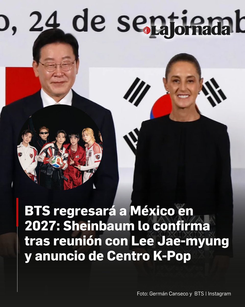 lajornadaonline's tweet photo. La mandataria mexicana informó en un video mediante sus redes sociales que, parte de lo que pudo confirmar con su homólogo Lee Jae-myung es que la popular banda de K-Pop BTS regresa el próximo año a territorio mexicano.

“Hablamos de la posibilidad de que se establezca un centro de cultura K-Pop en el país de música y otras actividades artísticas y culturales, y la posibilidad de un instituto de cultura de México en la República de Corea”, señaló la mandataria mexicana.

Más información en: https://t.co/9thyjUMbEN