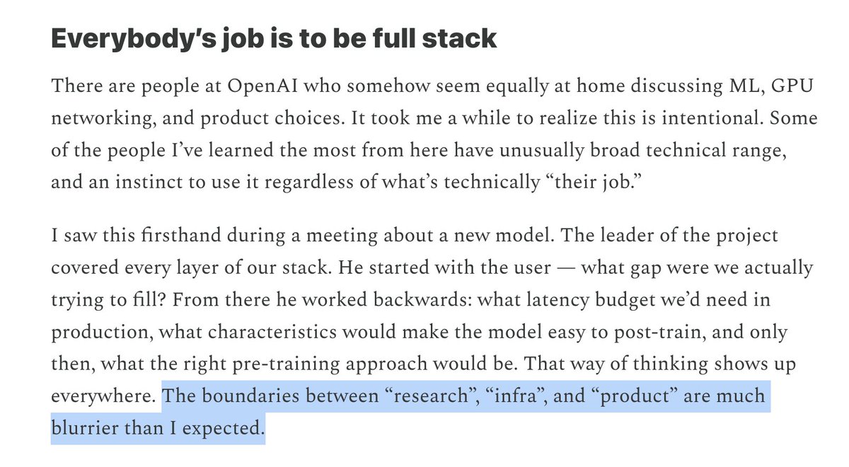 XzTie's tweet photo. You have to be extremely high-agency, with a strong sense of ownership, to succeed in today's world.

Just came across this article by @apatwa7  on his first year at OpenAI. He has several things surprised him, and one that really stood out to me is "Everybody's job is to be full stack".

This reminds me of the discussion on the most important trait for success, and more people are now favoring agency over intelligence, hard work, or experience. Most of us have the latter: skills can be learned, knowledge can be acquired, we can become quite capable in a new area in a relatively short period of time in today's world that new things are emerging everyday.

But what distinguishes us is agency—the mental mode that you don't need or wait for someone else to tell or approve what you do. You approve yourself.

And I think that's also where a lot of creativity comes from.