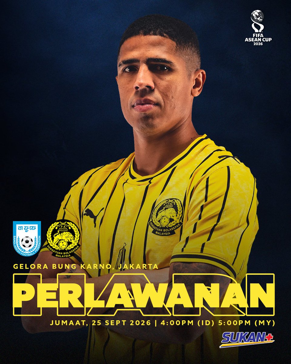 malaysia_nt's tweet photo. Hari Perlawanan 1

Kumpulan A • Piala ASEAN FIFA 2026

⚽ BANGLADESH 🇧🇩 🆚️ 🇲🇾 MALAYSIA
🗓️ Jumaat, 25 September 2026
🕔 5:00 ptg ini (Waktu Malaysia)
🏟 Gelora Bung Karno, Jakarta

📺 Siaran langsung di SUKAN+ (Astro 806, MYTV 111 &amp; RTMKlik)

#FAM #HarimauMalaya 
#FIFAASEANCup https://t.co/8A7p2DWFUr