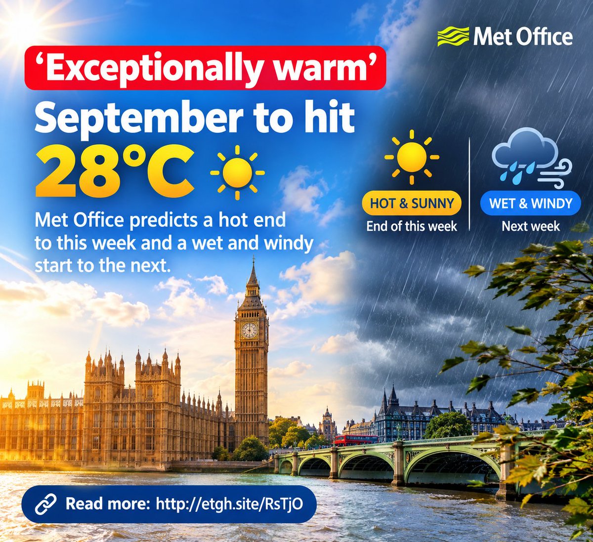AmeliaRose9j's tweet photo. 🇬🇧 Warm end to September! ☀️

Temperatures could reach 28°C, with a hot finish to the week before wetter, windier weather arrives next week. 🌧️💨

👉 Read more: https://t.co/CUGLS594Au

#UKWeather #September #MetOffice #WeatherUpdate #UK https://t.co/FyGaWKAppu