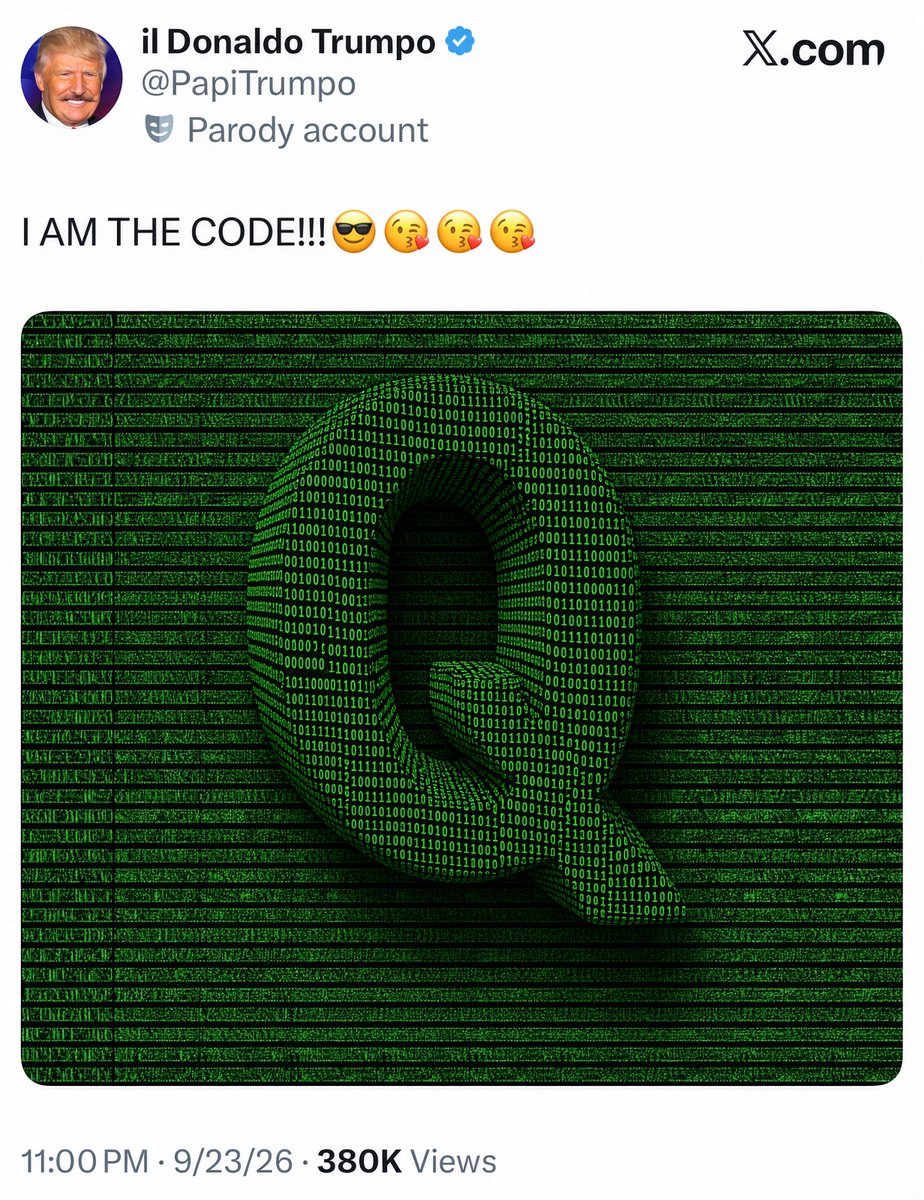 PenelopePi15850's tweet photo. I AM THE CODE!!!😎😘😘😘

Phrase —-> 83*

101010101010101010101010101010101010101010101010101010101010101010101010101010101010101010101010101010101010101010101010101010101010101010101010101010101010101010101 =83

83 is the *23rd Prime

I AM =23= 19 + 4*

SUPER INTELLIGENCE =194
MY FELLOW AMERICANS =194
BLACKOUT NECESSARY =194

Phrase (83) & emojis (101) =184

Q GAVE US THE CIPHER =184

Q, Q PLUS & ANONS =184

ENJOY THE SHOW.
Q =184

Phrase (83) punctuation (63) & emojis (101) =247 / 121*

24/7 …

CODE =27
247/365 =27

24/7 365 DAYS A WEEK =121*
SUPERIOR =121

Bonus:

ONES AND ZEROS =155
“I TOLD YOU SO” =155

President Kennedy’s inaugural button on January 20, 1961

155 —-> 110 

PRESIDENT =110
MAN OF STEEL =110
AMERICAN BAD ASS =110
1                     2        1    ————-> 121

SECOND COMING =121

Emojis (101*) 😎😘😘😘

*ONE HUNDRED FIRST =180
GEMATRIA CALCULATOR =180