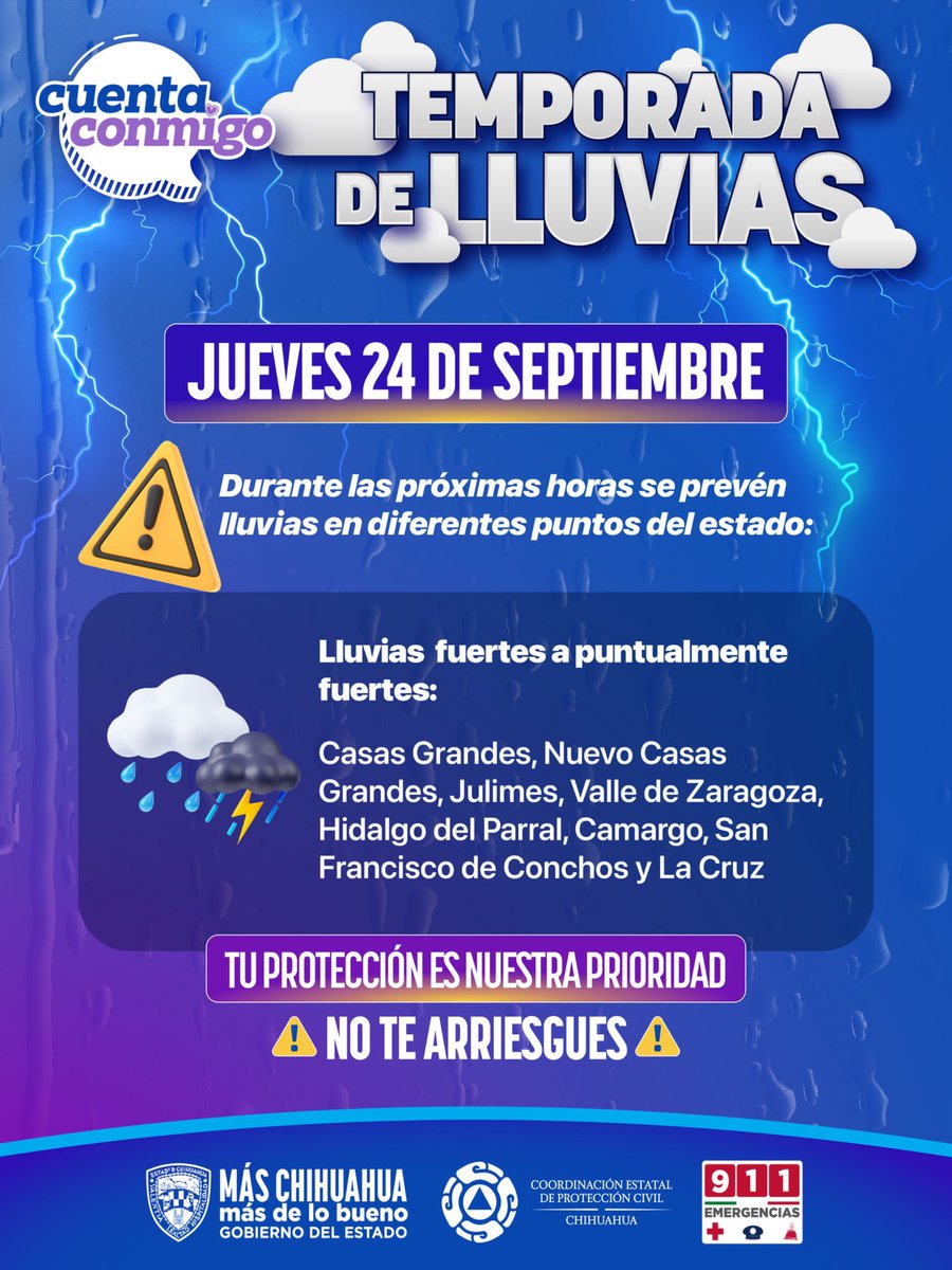 CEPC_Chih's tweet photo. 🌧️⚠️ Toma precauciones ante el pronóstico de lluvias fuertes en distintas regiones de Chihuahua durante las próximas horas.

Evita zonas inundadas, ríos y arroyos, y sigue las recomendaciones de Protección Civil para mantenerte seguro. https://t.co/tifwO4g9jc