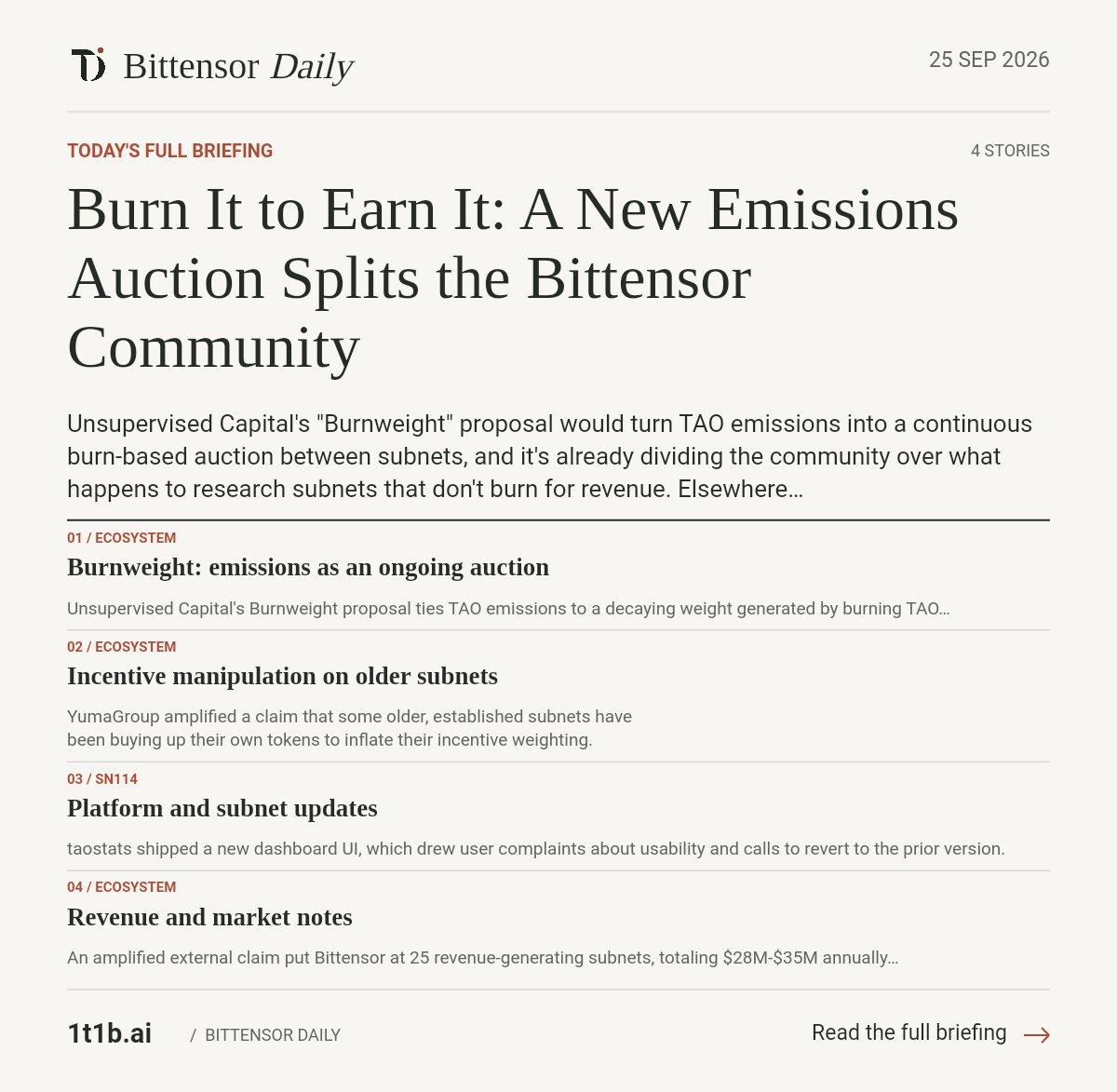 bittensor_daily's tweet photo. Bittensor daily — Sep 25

A new proposal called Burnweight would turn TAO emissions into a continuous burn-based auction between subnets, with critics warning it could squeeze out research subnets that don't generate revenue to burn.

⚠️ YumaGroup says some older subnets have been buying their own tokens to inflate incentive weighting. A fix is set to be presented on stage at ExploitSummit Tuesday, Sept 29.

🔧 taostats rolled out a new dashboard UI, and users are already pushing back on usability, asking for a revert.

🚀 SN114 #SOMA @SomaSubnet launched, a novelty-search subnet for open, competitive context compression.

📈 An external estimate puts Bittensor at 25 revenue-generating subnets, pulling in $28M-$35M a year, with a projection to top $100M by end of 2026.

#Bittensor $Tao

https://t.co/7xiIthh10A