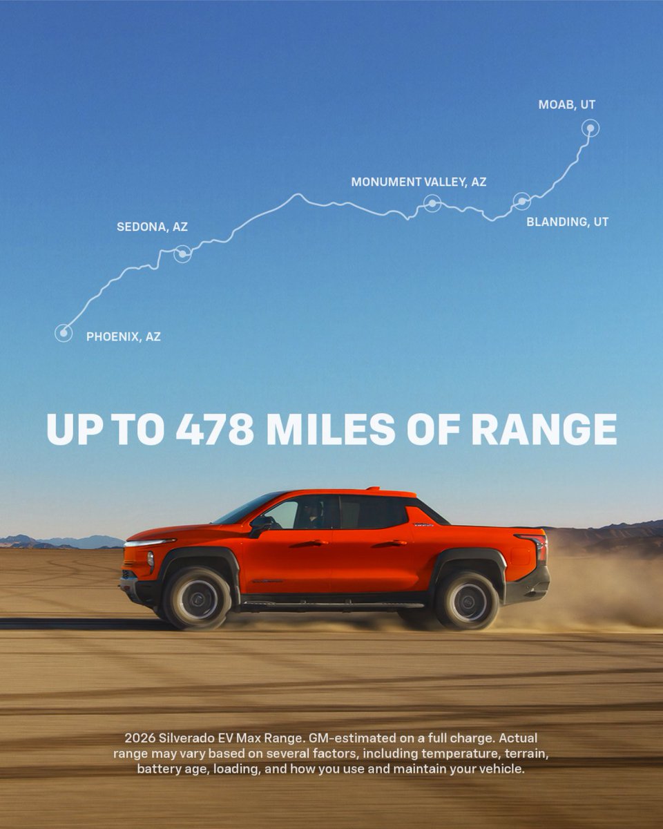 ValleyChevy's tweet photo. Range anxiety is officially canceled. 🔋⚡️

With up to 478 miles of GM estimated range, the 2026 Silverado EV can take you from the Valley all the way to Moab on a single charge. Skip the gas pump and hit the highway. 👊

#ValleyChevy #SilveradoEV #ChevyEV https://t.co/nQDMnMGj3O
