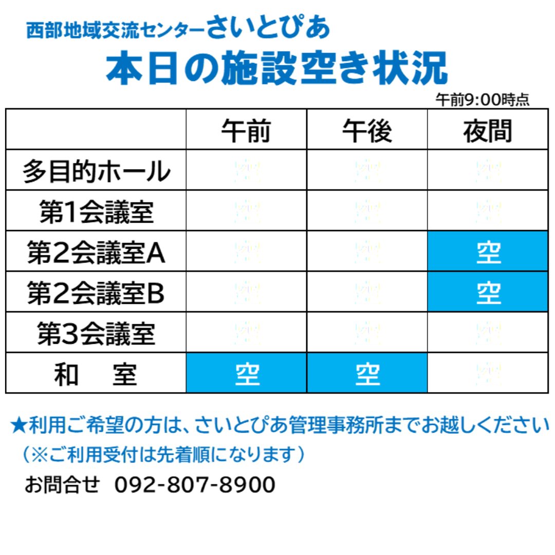 saitopia_tw's tweet photo. 【施設空いています！】
本日（9月25日）のさいとぴあの空き状況です。（午前9時時点）
ホール・会議室は2人から会議・勉強などにご利用いただけます。
（先着順）
お問合せ：さいとぴあ管理事務所　092-807-8900 
#さいとぴあ #勉強 #学習スペース #九大学研都市 #貸会議室 #福岡市西区 https://t.co/148z075ypU