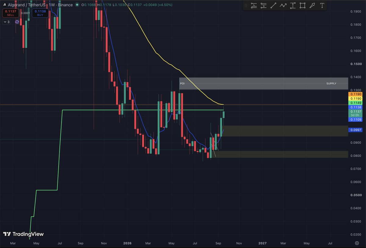KayBlockchain's tweet photo. 🧩 algorand:native - 1W

A big potential W is forming.
W = bullish.
As you can see, there are a few walls to break:

-1st: Price range, green line
-2nd: 50 EMA, yellow line
-3rd: That big grey area, the supply zone

algorand:native needs to break through these levels to reverse the downtrend.

We need some hype like ethereum:0xfaba6f8e4a5e8ab82f62fe7c39859fa577269be3 just had with the BlackRock partnership to help drive the price up and absorb the millions of algorand:native in monthly selling pressure coming from the Foundation