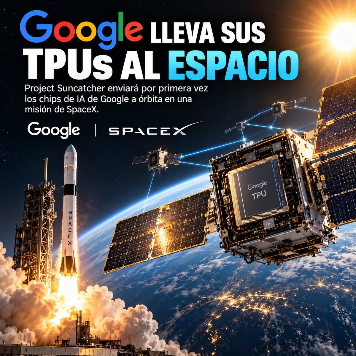 BuilderDeploy's tweet photo. 🚨 Google está llevando sus TPUs al ESPACIO. 🛰️🔥

Project Suncatcher dará su primer gran paso: un satélite con chips de IA de Google viajará a órbita en un Falcon 9 de SpaceX. 🚀

La idea a largo plazo es brutal:

☀️ Energía solar casi constante
🧠 Cómputo de IA en órbita
🛰️ Satélites conectados como un enorme clúster
🌎 Menos dependencia de gigantescos centros de datos en la Tierra

Primero fueron los centros de datos.

Ahora la carrera por la infraestructura de IA empieza a mirar fuera del planeta.