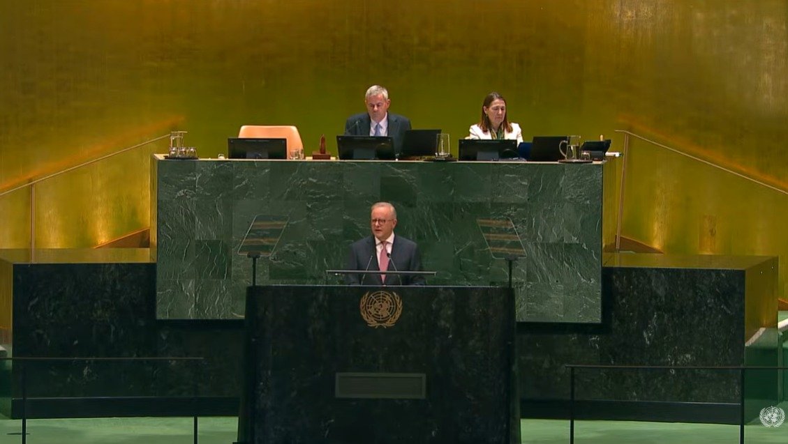 DavidShoebridge's tweet photo. The world is being torn apart by US aggression, using its military, trade and AI as weapons, and Albanese failed to mention this even once in his UN address. If you cannot even name the problem, why should anyone believe you can address it? https://t.co/pEWugIpY6f