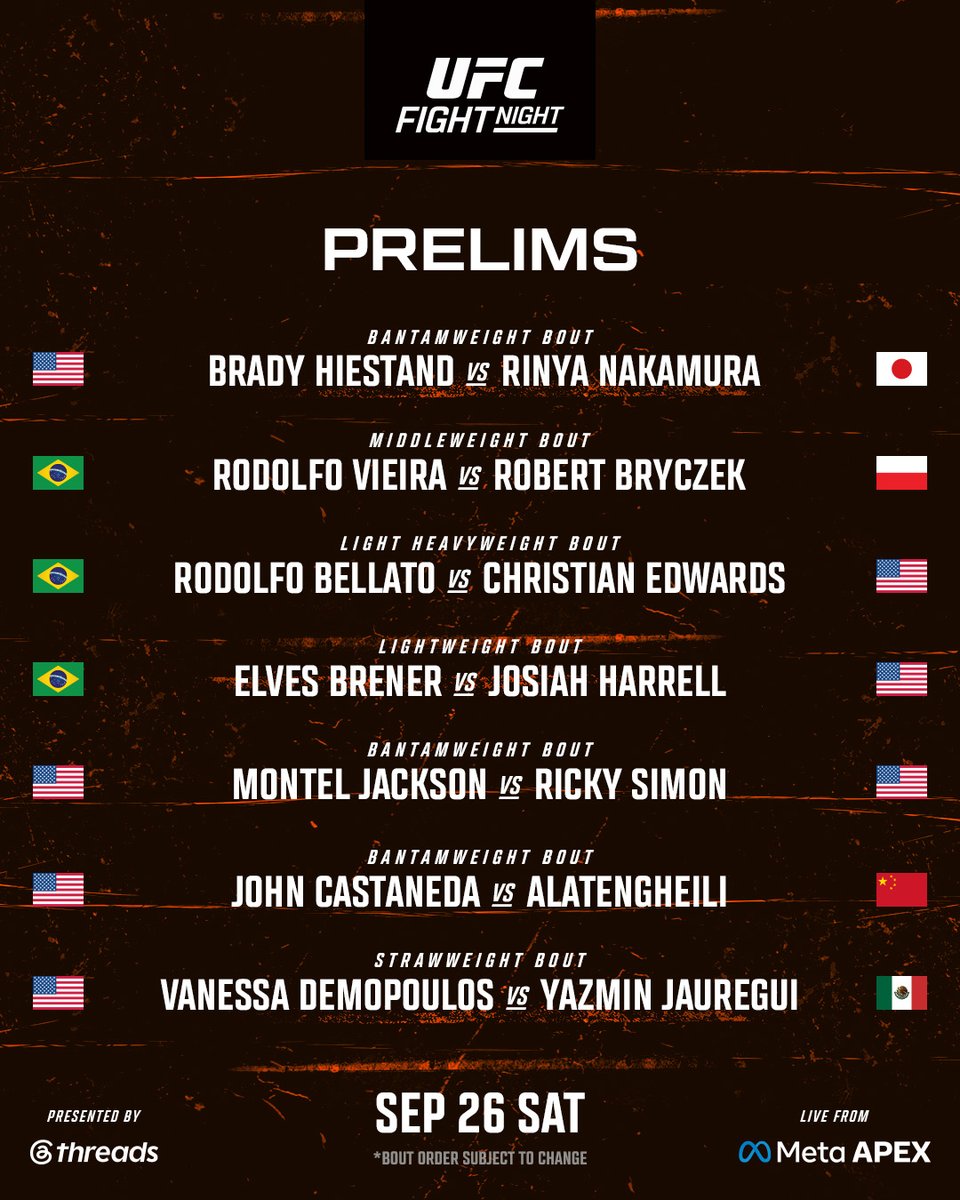 We've got an updated bout list for #UFCVegas121 👀

[ LIVE SEP 26 at 8pmET on @​ParamountPlus ] 
 [📷](https://pbs.twimg.com/media/HTBXj0LaEAA_JQD.jpg) [📷](htt
