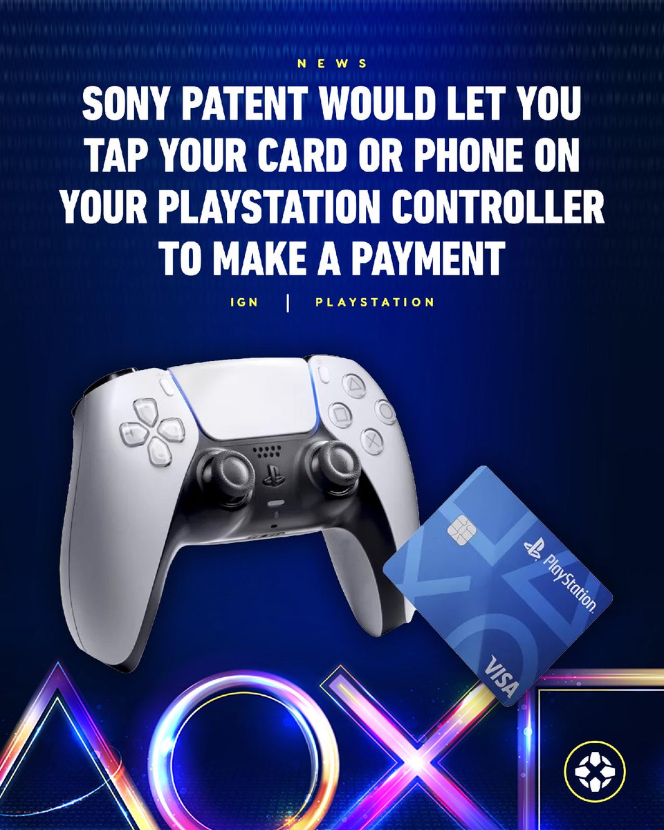 A PlayStation DualSense and a PlayStation-branded credit card. Caption reads: Sony Patent Would Let You Tap Your Card or Phone on Your PlayStation Controller to Make a Payment