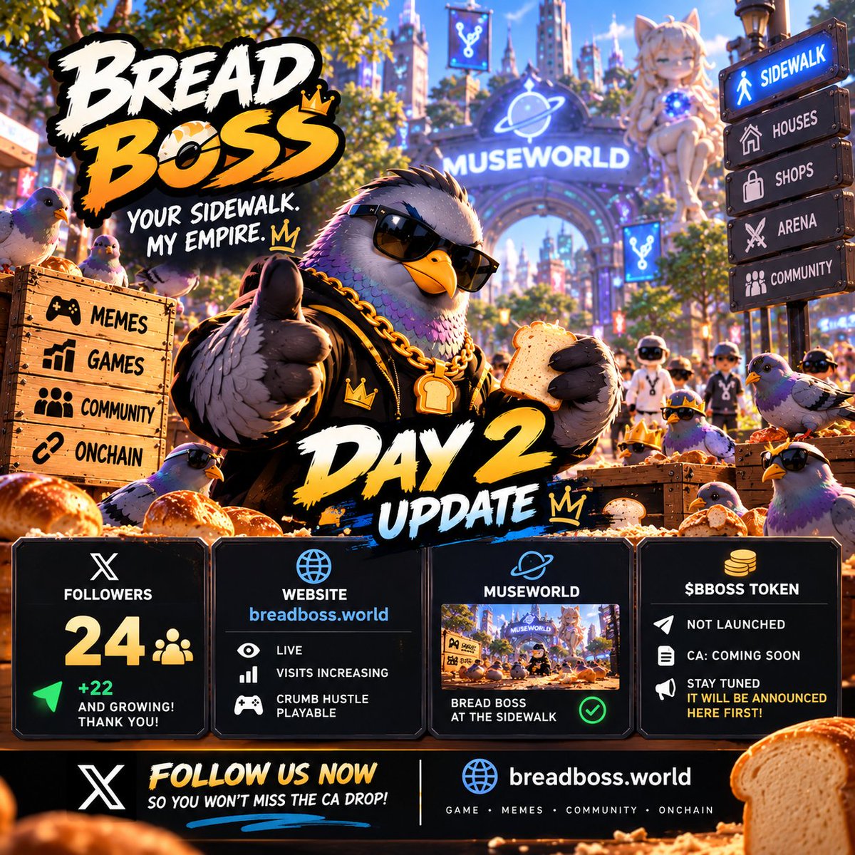 breadboss_world's tweet photo. 🐦🍞 BREAD BOSS — DAY 2

Started from the sidewalk.
Now we’re building the empire.

👥 Followers: 24
🌐 https://t.co/HixdUr7m3G:LIVE
🎮 Crumb Hustle: LIVE
🪙 $BBOSS: NOT LAUNCHED
📜 CA: COMING SOON

Still early. Still building.

Follow the journey — when the CA drops, you’ll see it here first. 👀

Your sidewalk. My empire. 🐦👑