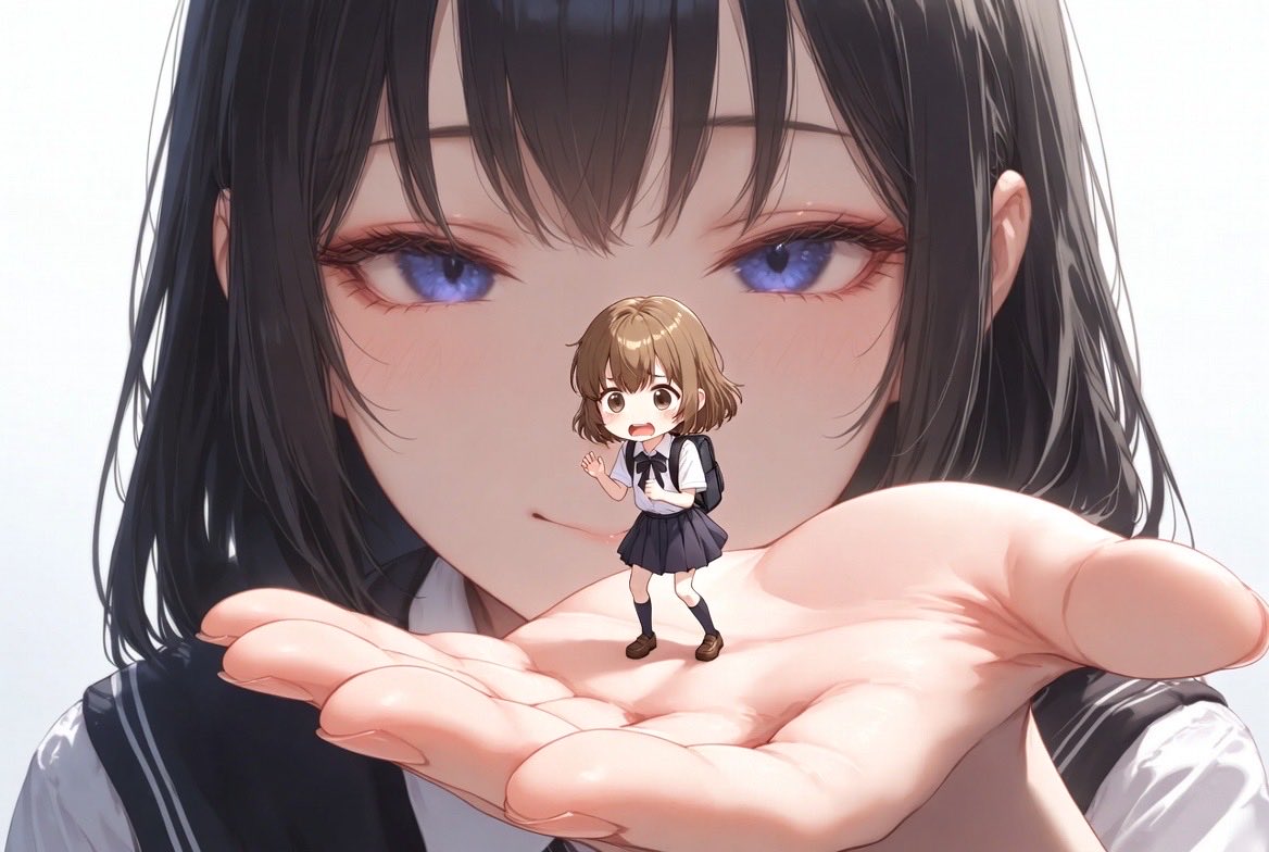 Shrinkingglsci's tweet photo. 「嘘……本当に小さくなっちゃった……！？
なんで私を小さくしたの……！？」

『ふふっ、本当に小さくなっちゃった。小さくて可愛い……♪』
#AIイラスト #AI生成 #AIArt #ミクロ #ミクロ化 #手のひらサイズ #縮小娘 #小人 #小さくなった女の子 https://t.co/sHIDFAJKbR