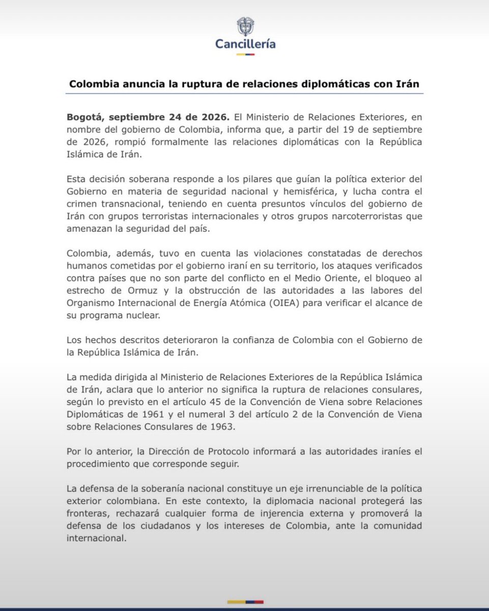 MariaFdaCabal's tweet photo. Romper relaciones con el régimen iraní es una decisión que Colombia debió tomar hace tiempo. 
Petro prefirió acercarse a una dictadura que amenaza la paz y la seguridad en Medio Oriente.
Nuestra política exterior debe defender la libertad y los derechos humanos, no las simpatías ideológicas de un gobernante.