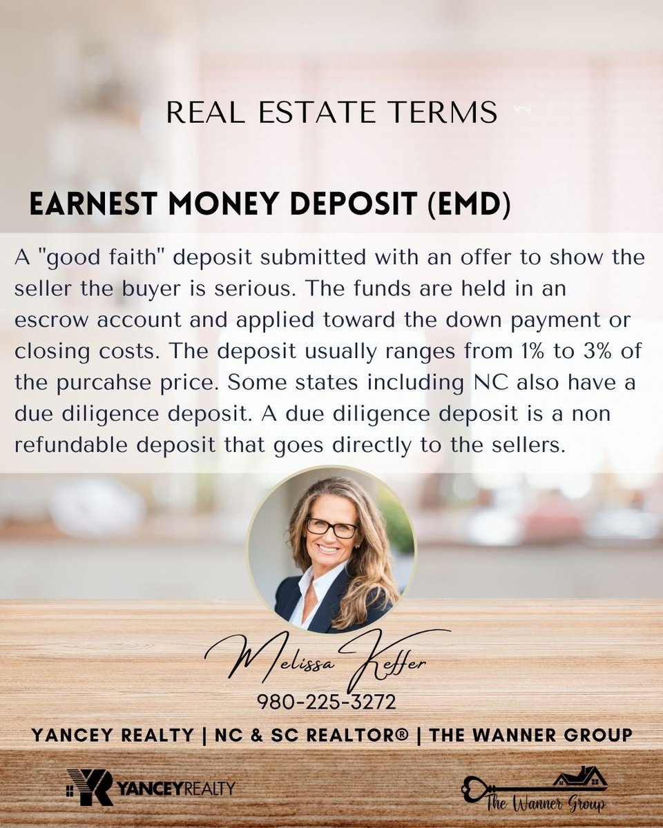 KefferMelissa's tweet photo. Earnest money is a deposit made as part of a home offer. If the sale closes, it’s generally credited toward the purchase. What happens if it doesn’t close depends on the contract.

Buying in NC? A due diligence fee is separate. Questions about either? Let’s talk. 🏡 https://t.co/Z3uobE5VgN